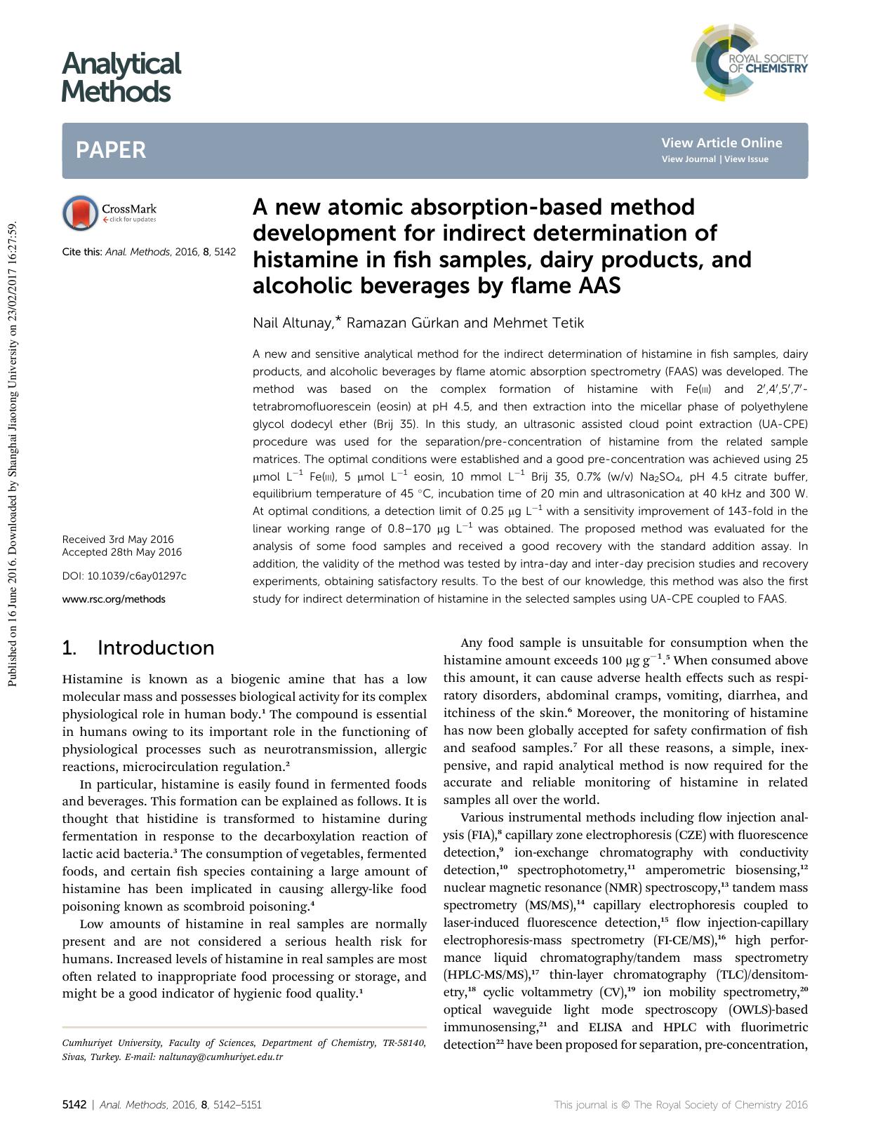A new atomic absorption-based method development for indirect determination of histamine in fish samples, dairy products, and alcoholic beverages by flame AAS by Nail Altunay & Ramazan Gürkan & Mehmet Tetik
