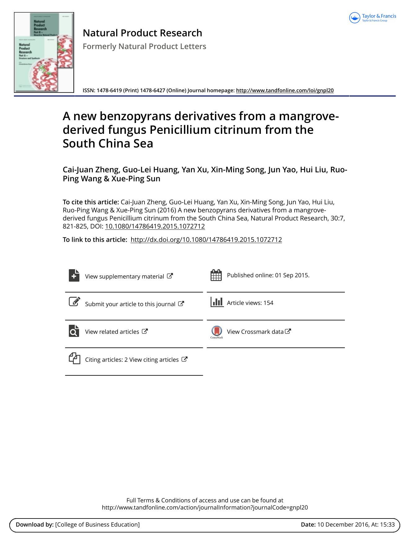 A new benzopyrans derivatives from a mangrove-derived fungus Penicillium citrinum from the South China Sea by unknow