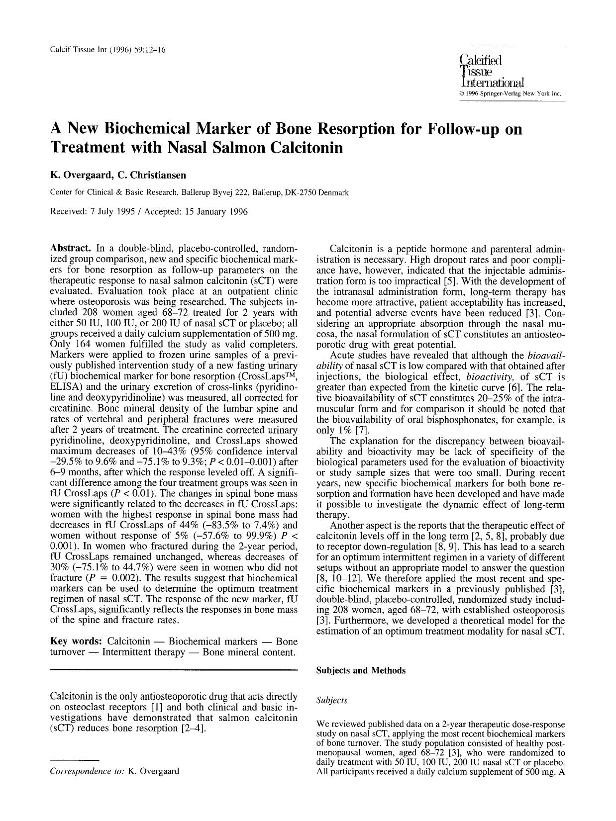 A new biochemical marker of bone resorption for follow-up on treatment with nasal salmon calcitonin by Unknown