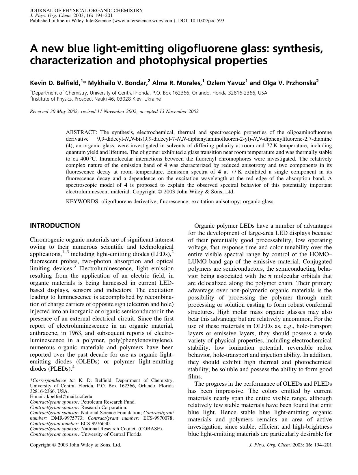 A new blue light-emitting oligofluorene glass: synthesis, characterization and photophysical properties by Unknown