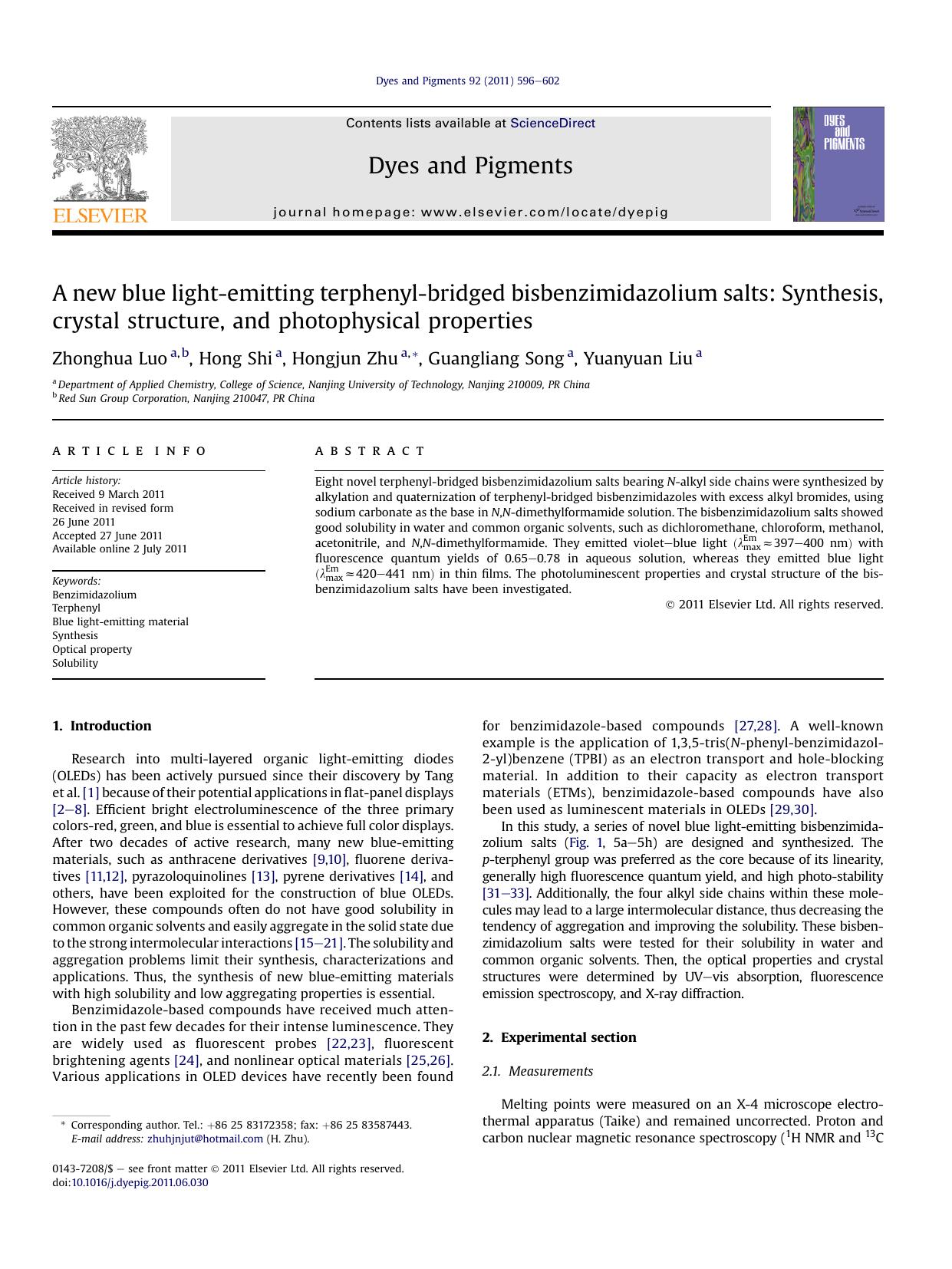 A new blue light-emitting terphenyl-bridged bisbenzimidazolium salts: Synthesis, crystal structure, and photophysical properties by Zhonghua Luo & Hong Shi & Hongjun Zhu & Guangliang Song & Yuanyuan Liu