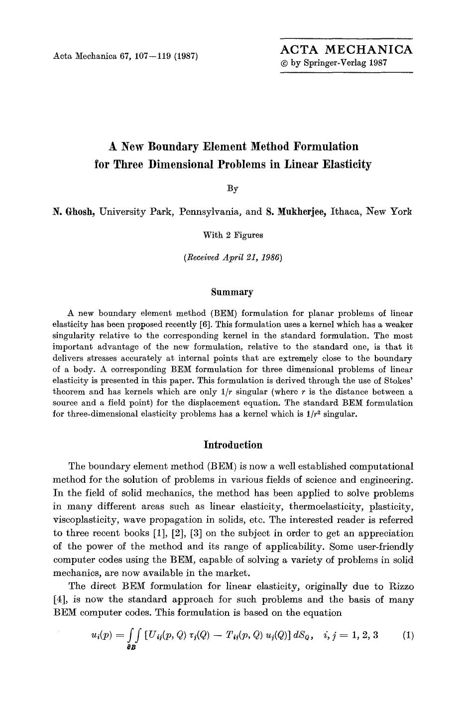 A new boundary element method formulation for three dimensional problems in linear elasticity by Unknown