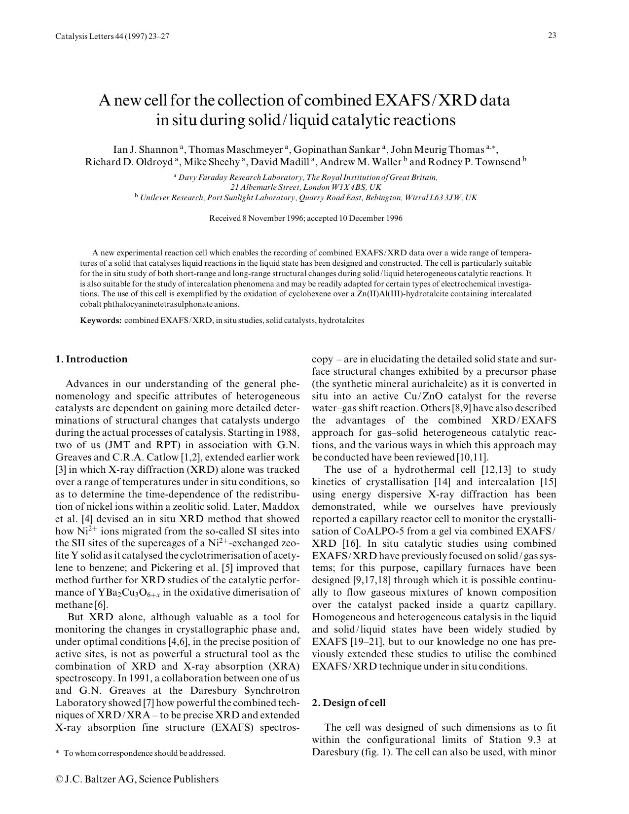 A new cell for the collection of combined EXAFSXRD data in situ during solidliquid catalytic reactions by Unknown