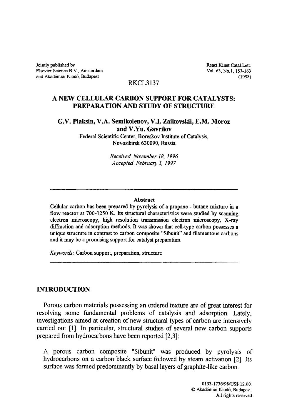 A new cellular carbon support for catalysts: preparation and study of structure by Unknown
