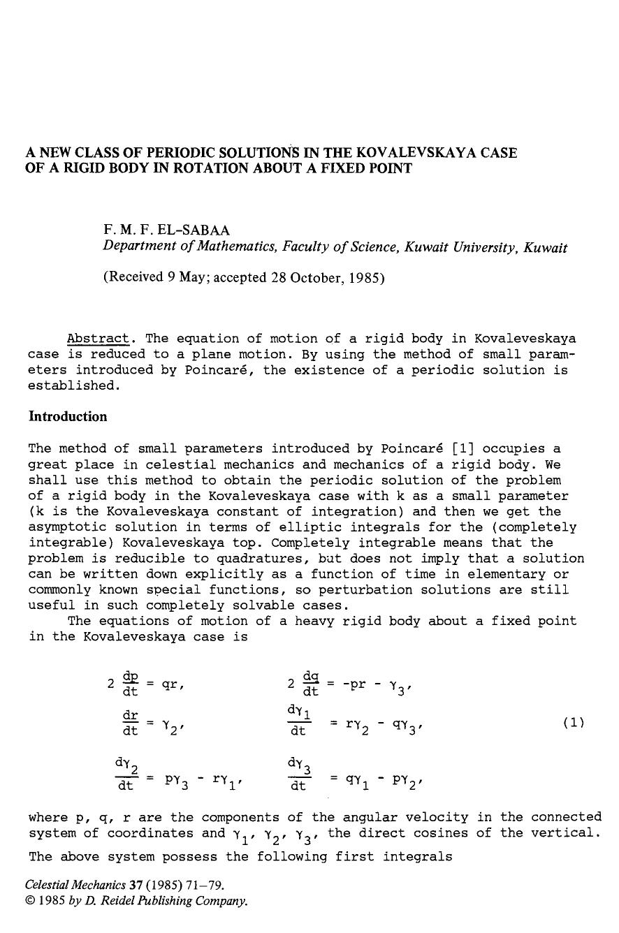 A new class of periodic solutions in the Kovalevskaya case of a rigid body in rotation about a fixed point by Unknown