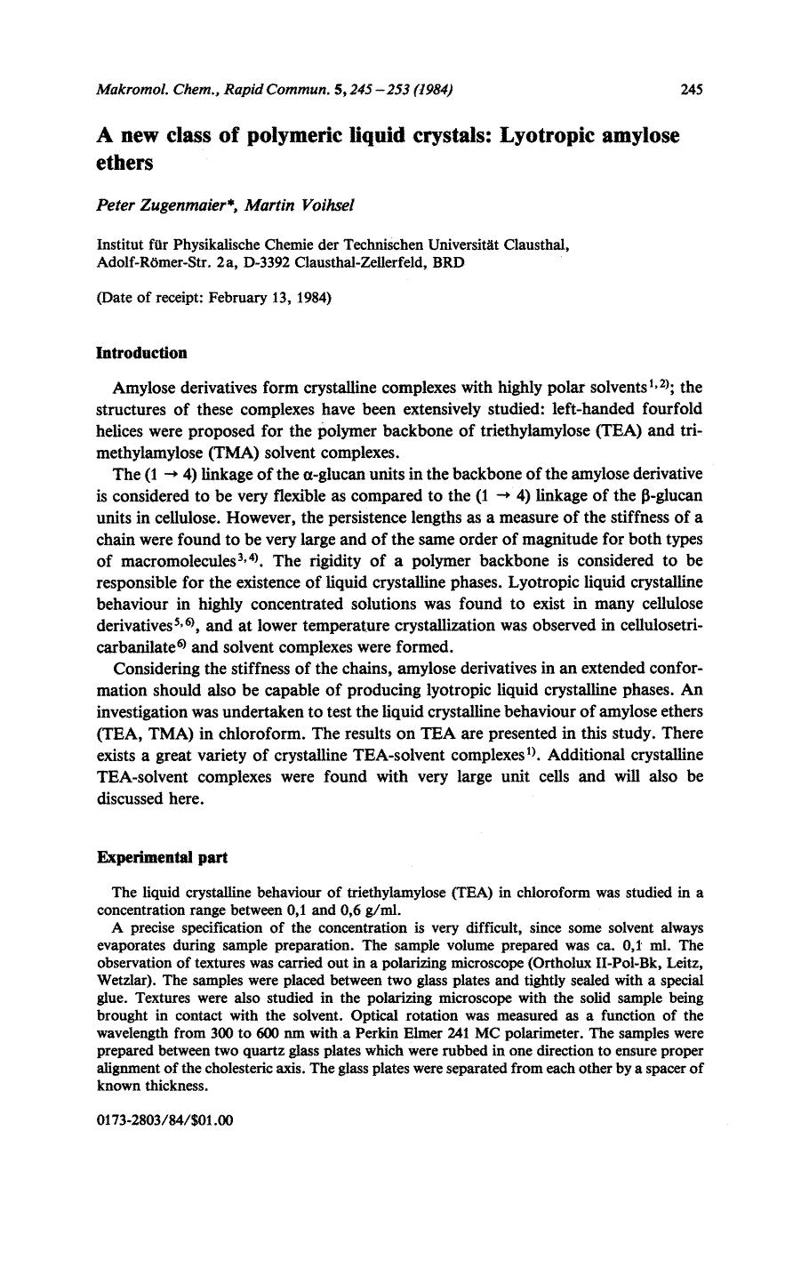 A new class of polymeric liquid crystals: Lyotropic amylose ethers by Unknown