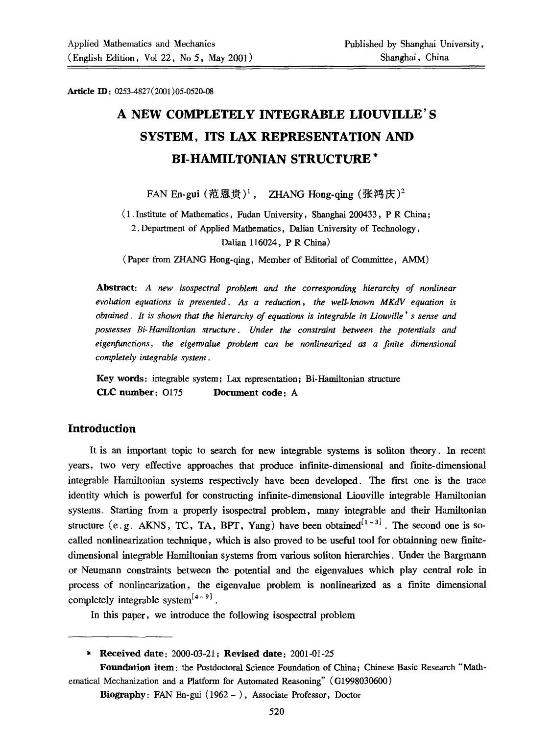 A new completely integrable Liouville's system, its Lax representation and Bi-Hamiltonian structure by Unknown