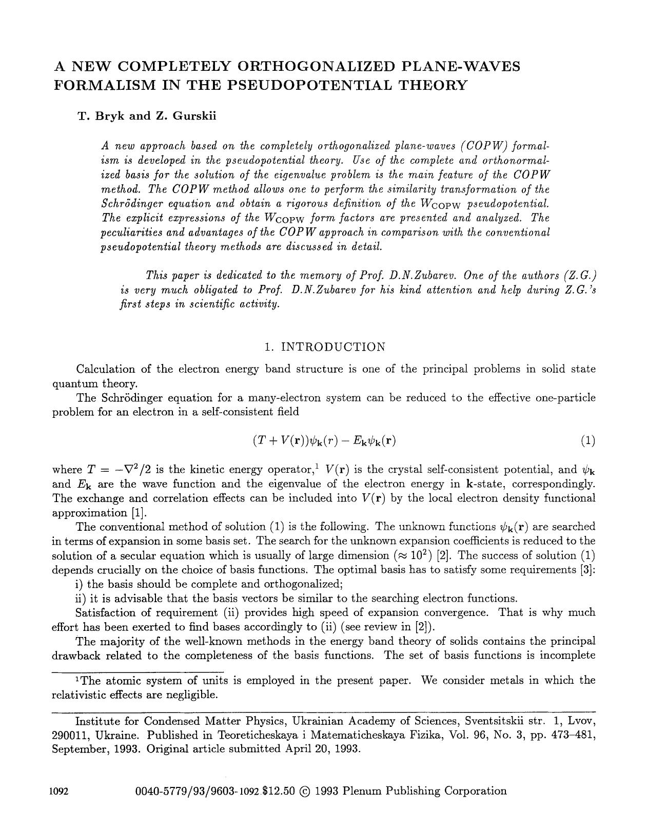 A new completely orthogonalized plane-waves formalism in the pseudopotential theory by Unknown