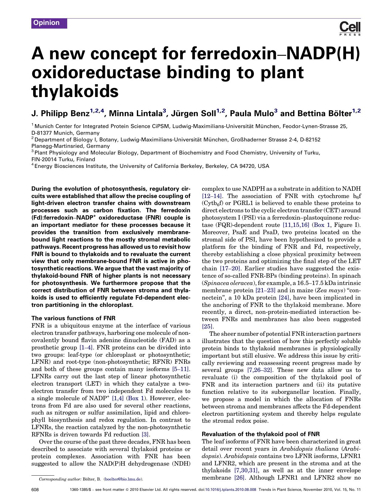 A new concept for ferredoxinÃ¢â¬âNADP(H) oxidoreductase binding to plant thylakoids by J. Philipp Benz