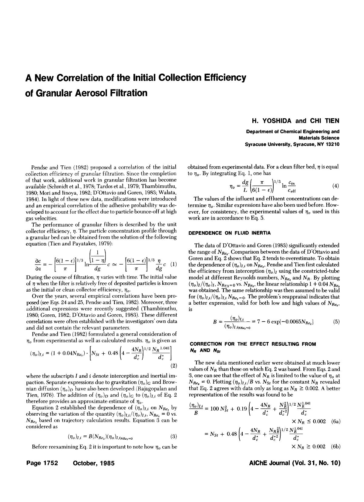 A new correlation of the initial collection efficiency of granular aerosol filtration by Unknown