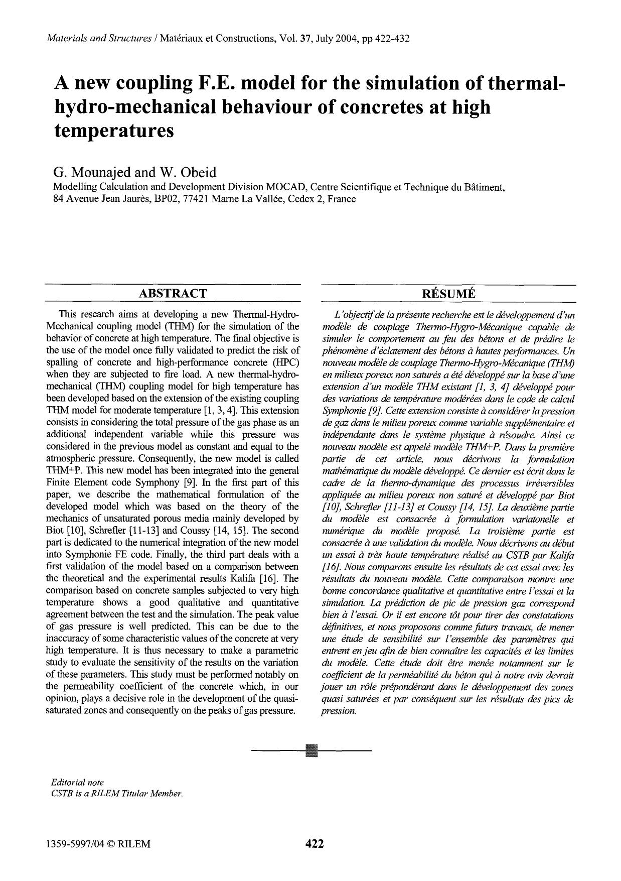 A new coupling F.E. model for the simulation of thermal-hydro-mechanical behaviour of concretes at high temperatures by Unknown