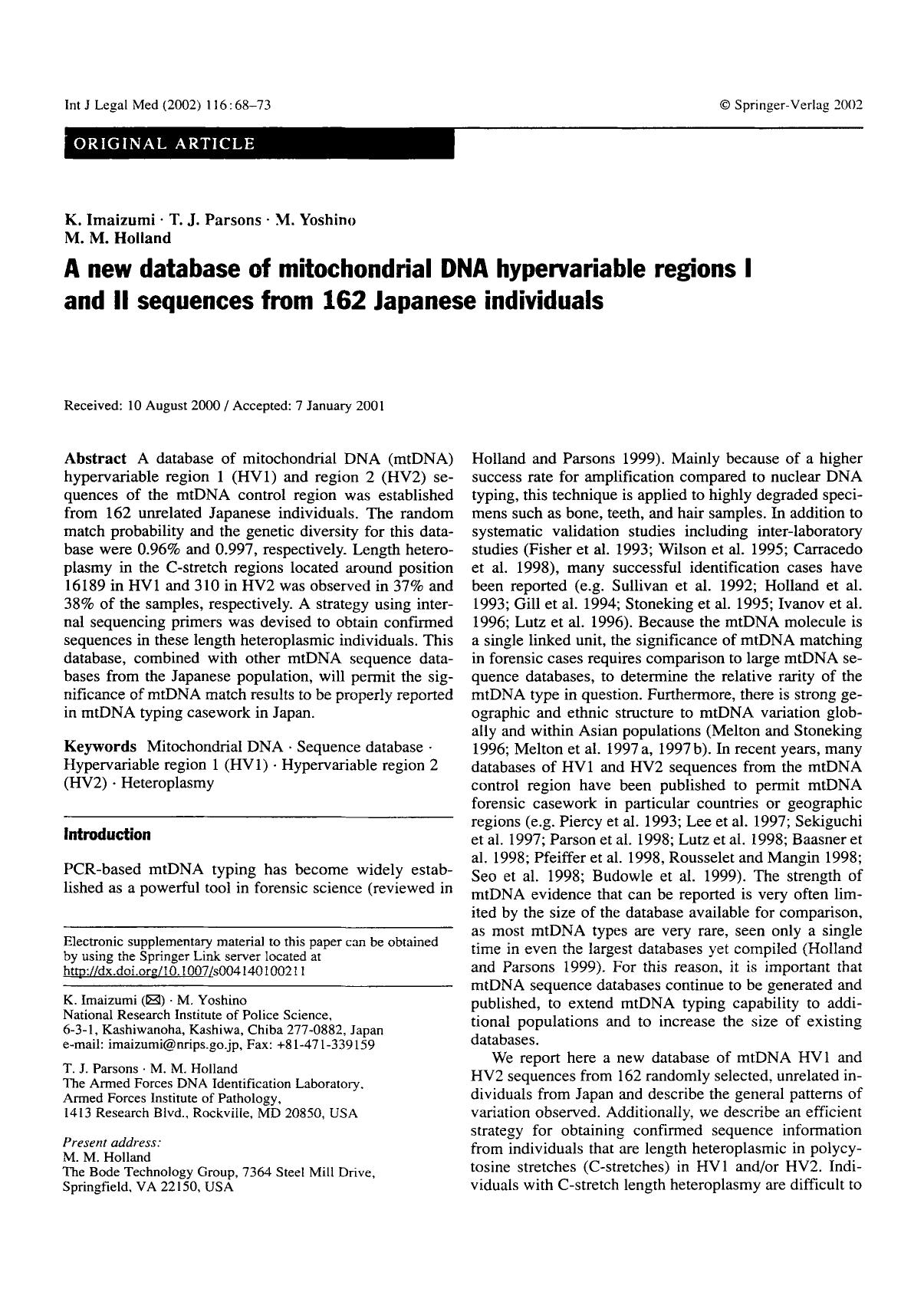 A new database of mitochondrial DNA hypervariable regions I and II sequences from 162 Japanese individuals by Unknown