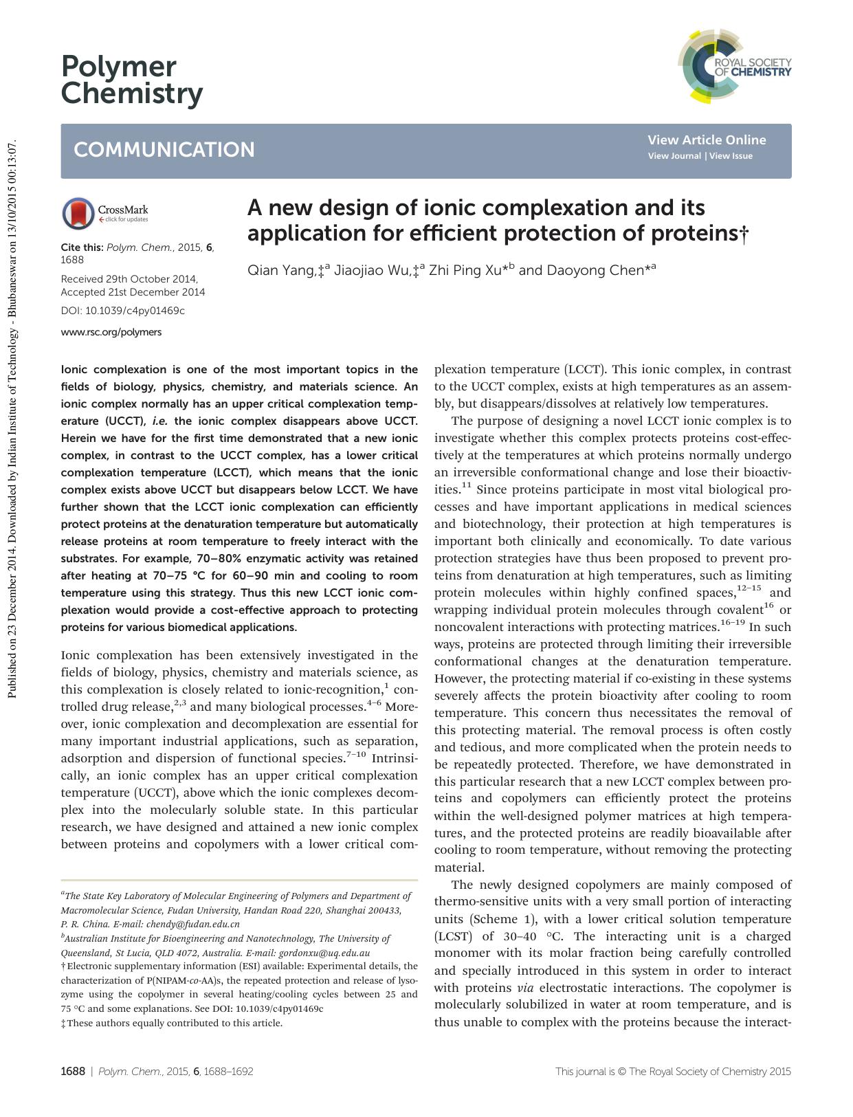 A new design of ionic complexation and its application for efficient protection of proteins by Qian Yang Jiaojiao Wu Zhi Ping Xu Daoyong Chen