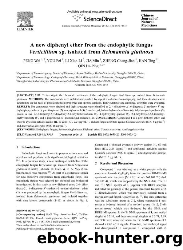 A new diphenyl ether from the endophytic fungus Verticillium sp. isolated from Rehmannia glutinosa by Wei PENG & Fei YOU & Xiao-Li LI & Min JIA & Cheng-Jian ZHENG & Ting HAN & Lu-Ping QIN