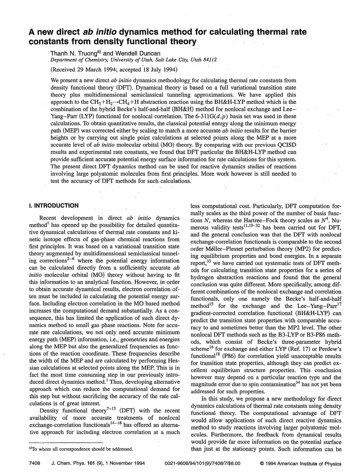 A new direct ab initio dynamics method for calculating thermal rate constants from density functional theory by Thanh N. Truong; Wendell Duncan