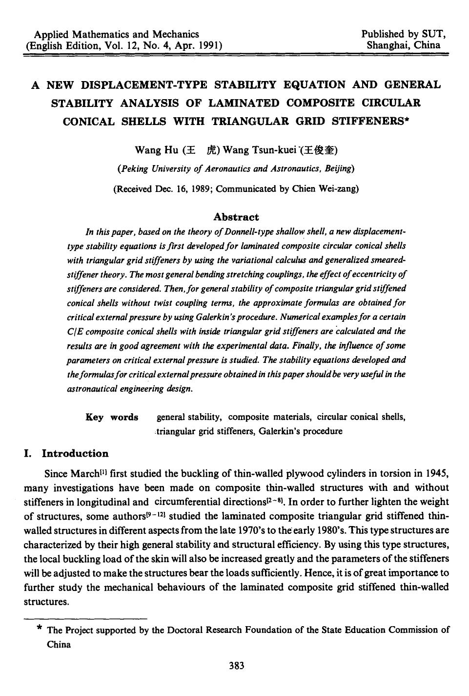 A new displacement-type stability equation and general stability analysis of laminated composite circular conical shells with triangular grid stiffeners by Unknown