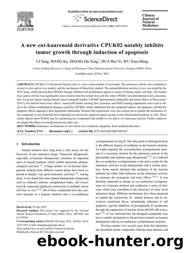 A new ent- kaurenoid derivative CPUK02 notably inhibits tumor growth through induction of apoptosis by Yang LI & Ke WANG & Da-Yong ZHANG & Wei-Yi HUA & Xiao-Ming WU