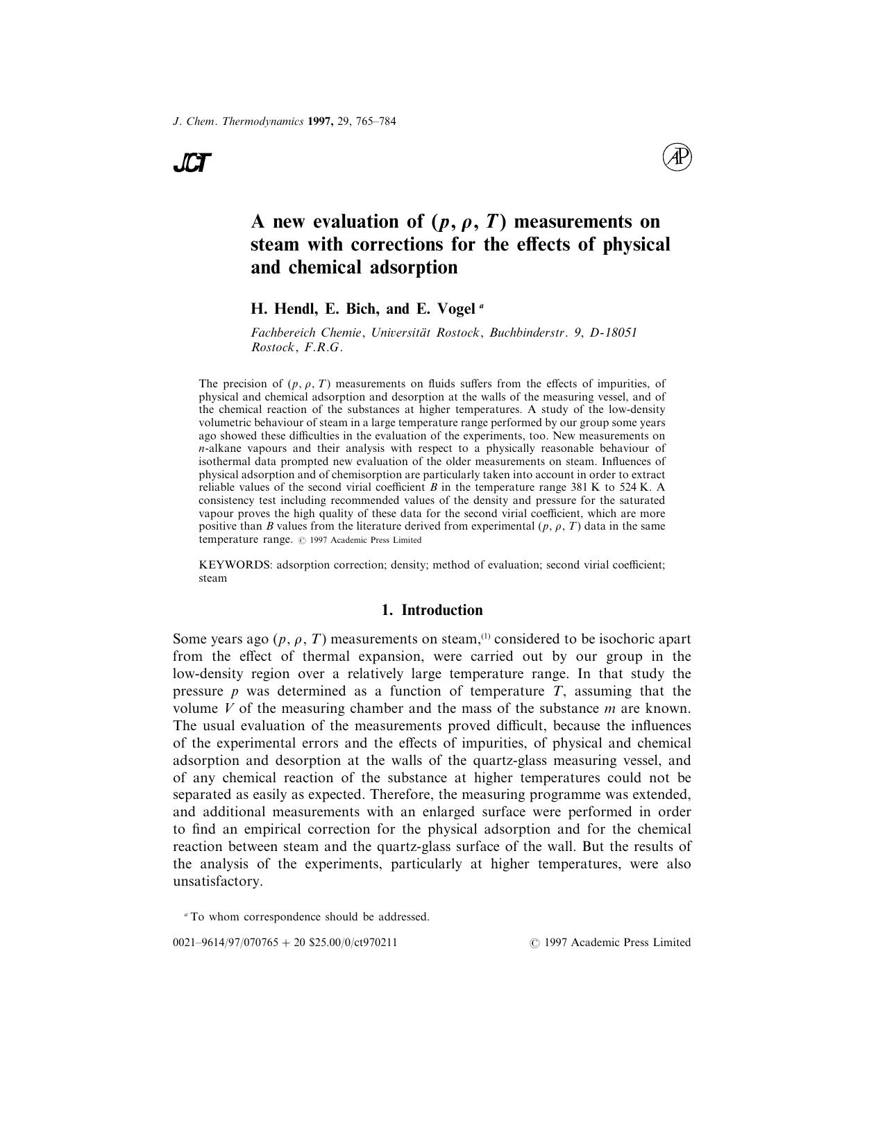 A new evaluation of (p, (rho), T) measurements on steam with corrections for the effects of physical and chemical adsorption by Hendl H. et al