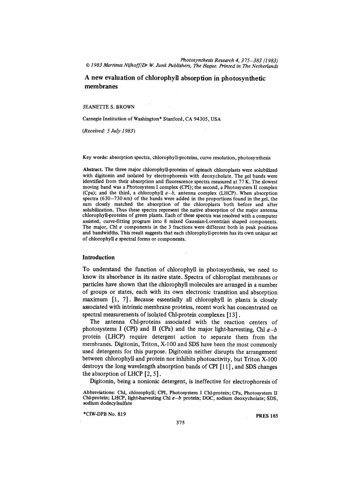 A new evaluation of chlorophyll absorption in photosynthetic membranes by Unknown