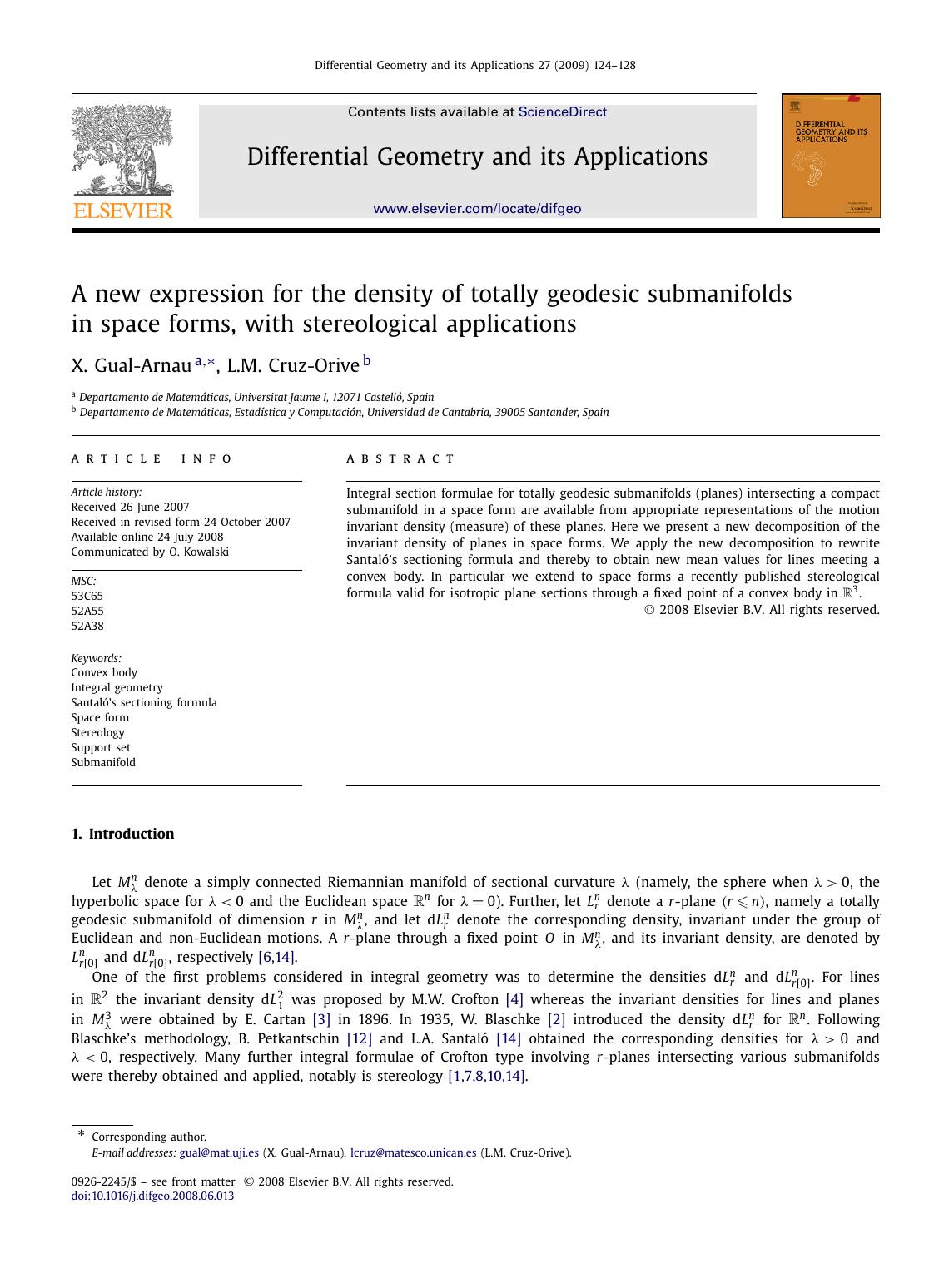 A new expression for the density of totally geodesic submanifolds in space forms, with stereological applications by X. Gual-Arnau; L.M. Cruz-Orive