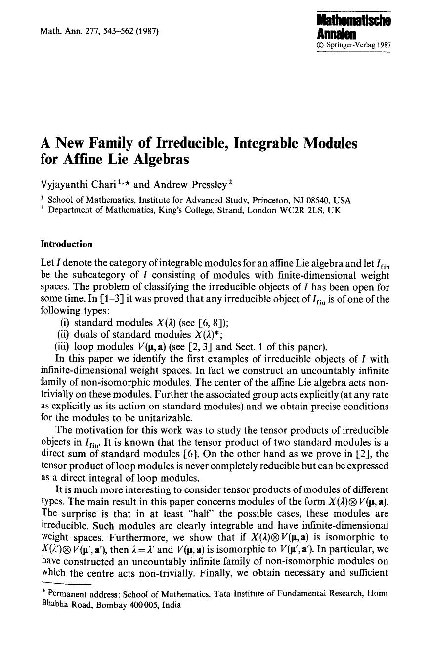 A new family of irreducible, integrable modules for affine Lie algebras by Unknown