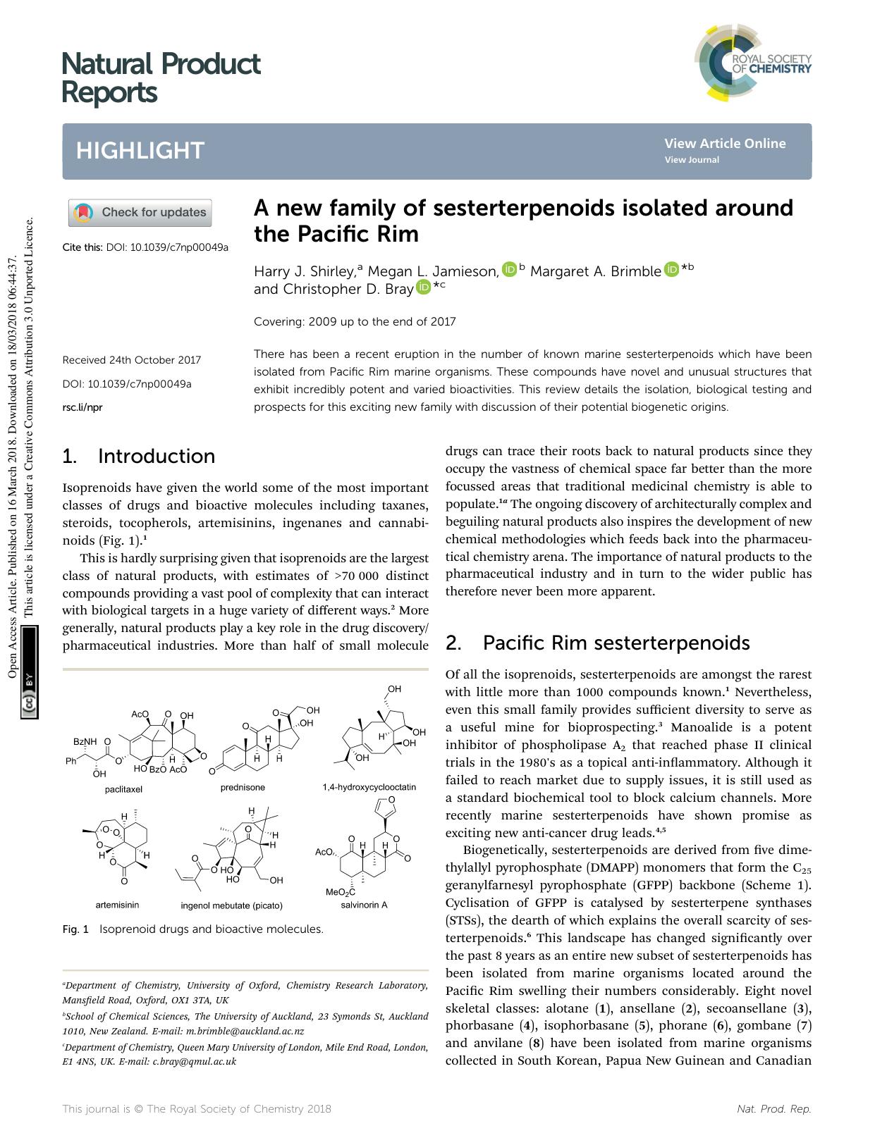 A new family of sesterterpenoids isolated around the Pacific Rim by Harry J. Shirley & Megan L. Jamieson & Margaret A. Brimble & Christopher D. Bray