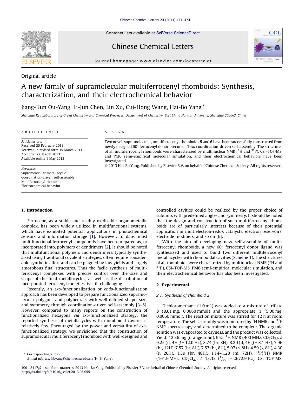 A new family of supramolecular multiferrocenyl rhomboids: Synthesis, characterization, and their electrochemical behavior by Jiang-Kun Ou-Yang