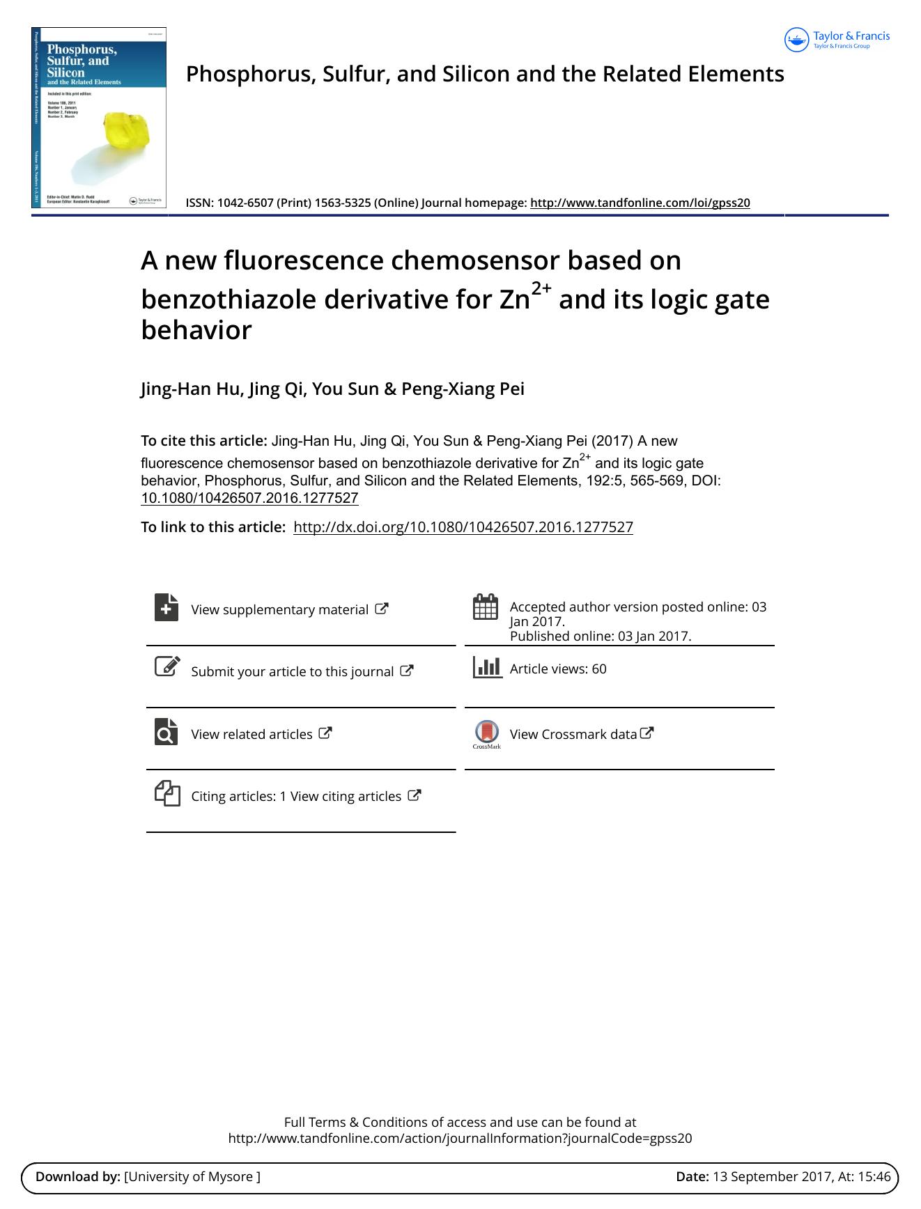 A new fluorescence chemosensor based on benzothiazole derivative for Zn2+ and its logic gate behavior by Jing-Han Hu & Jing Qi & You Sun & Peng-Xiang Pei
