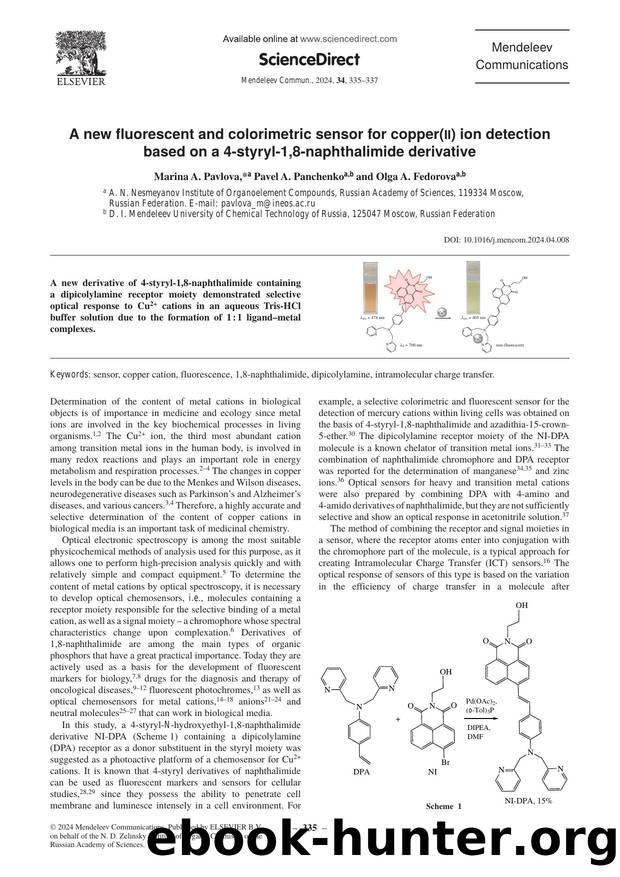 A new fluorescent and colorimetric sensor for copper(ii) ion detection based on a 4-styryl-1,8-naphthalimide derivative by Marina A. Pavlova & Pavel A. Panchenko & Olga A. Fedorova