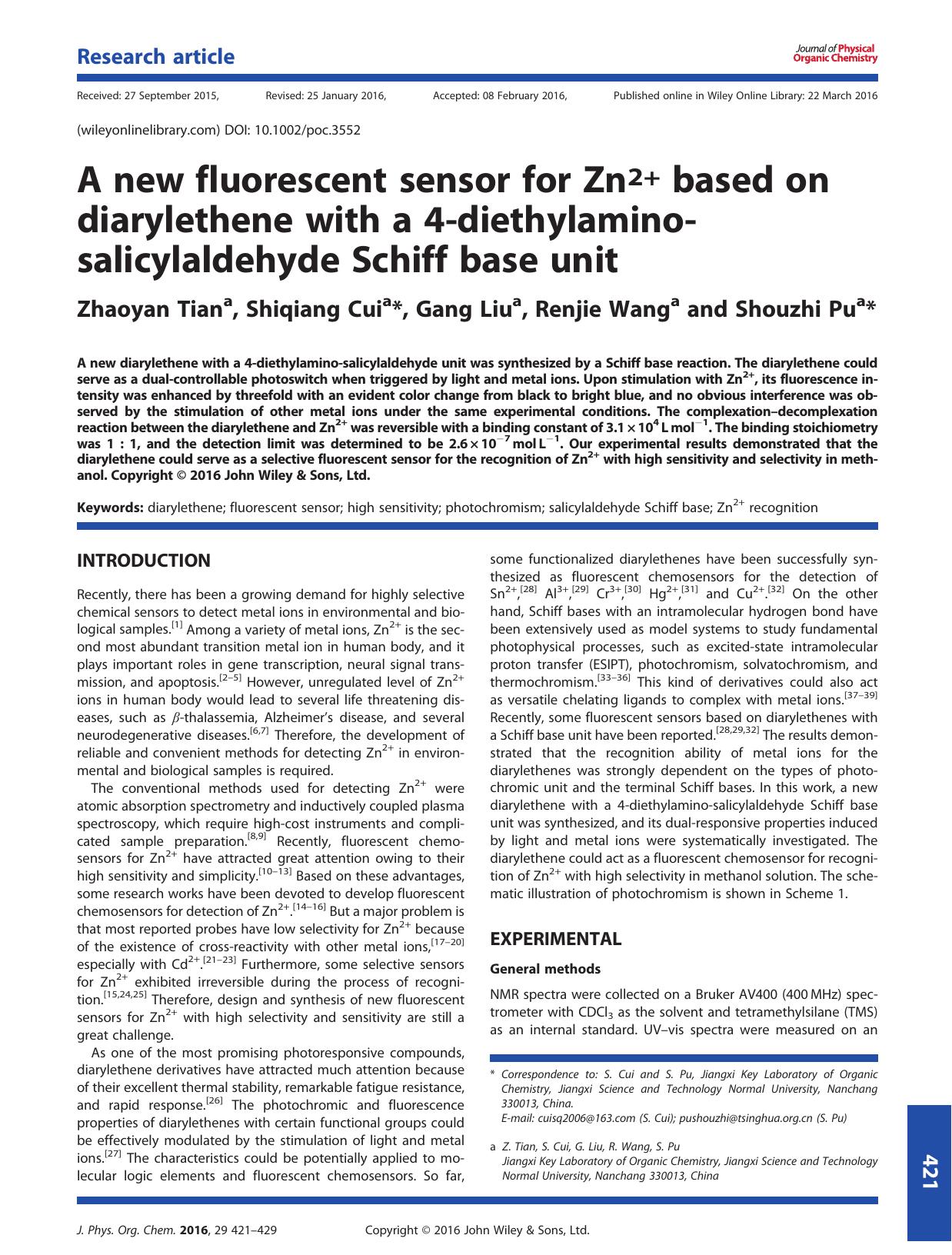 A new fluorescent sensor for Zn2+ based on diarylethene with a 4-diethylamino-salicylaldehyde Schiff base unit by Zhaoyan Tian Shiqiang Cui Gang Liu Renjie Wang Shouzhi Pu