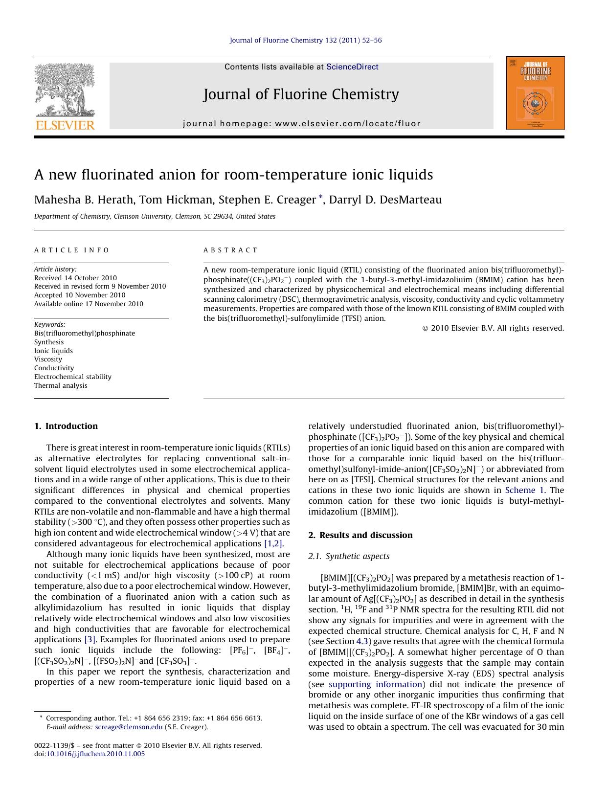 A new fluorinated anion for room-temperature ionic liquids by Mahesha B. Herath