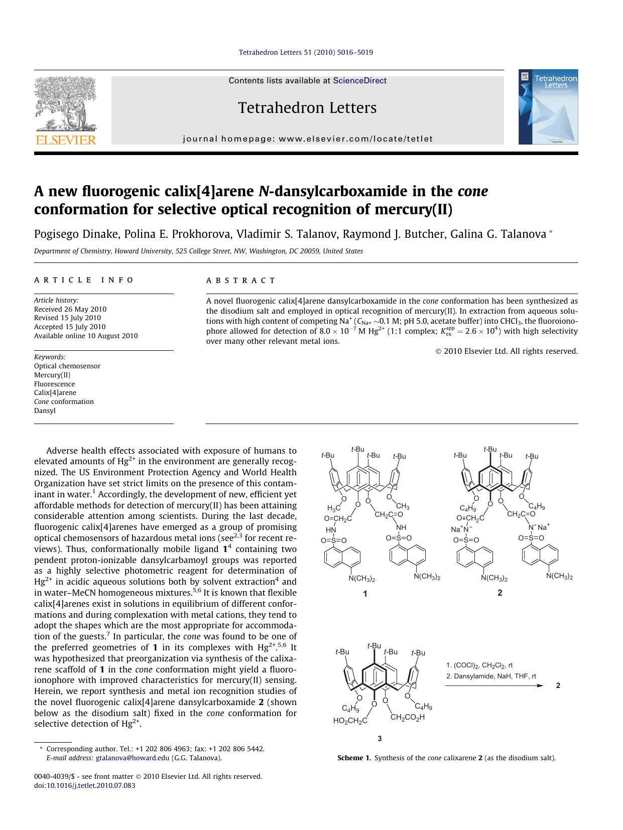A new fluorogenic calix[4]arene N-dansylcarboxamide in the cone conformation for selective optical recognition of mercury(II) by unknow
