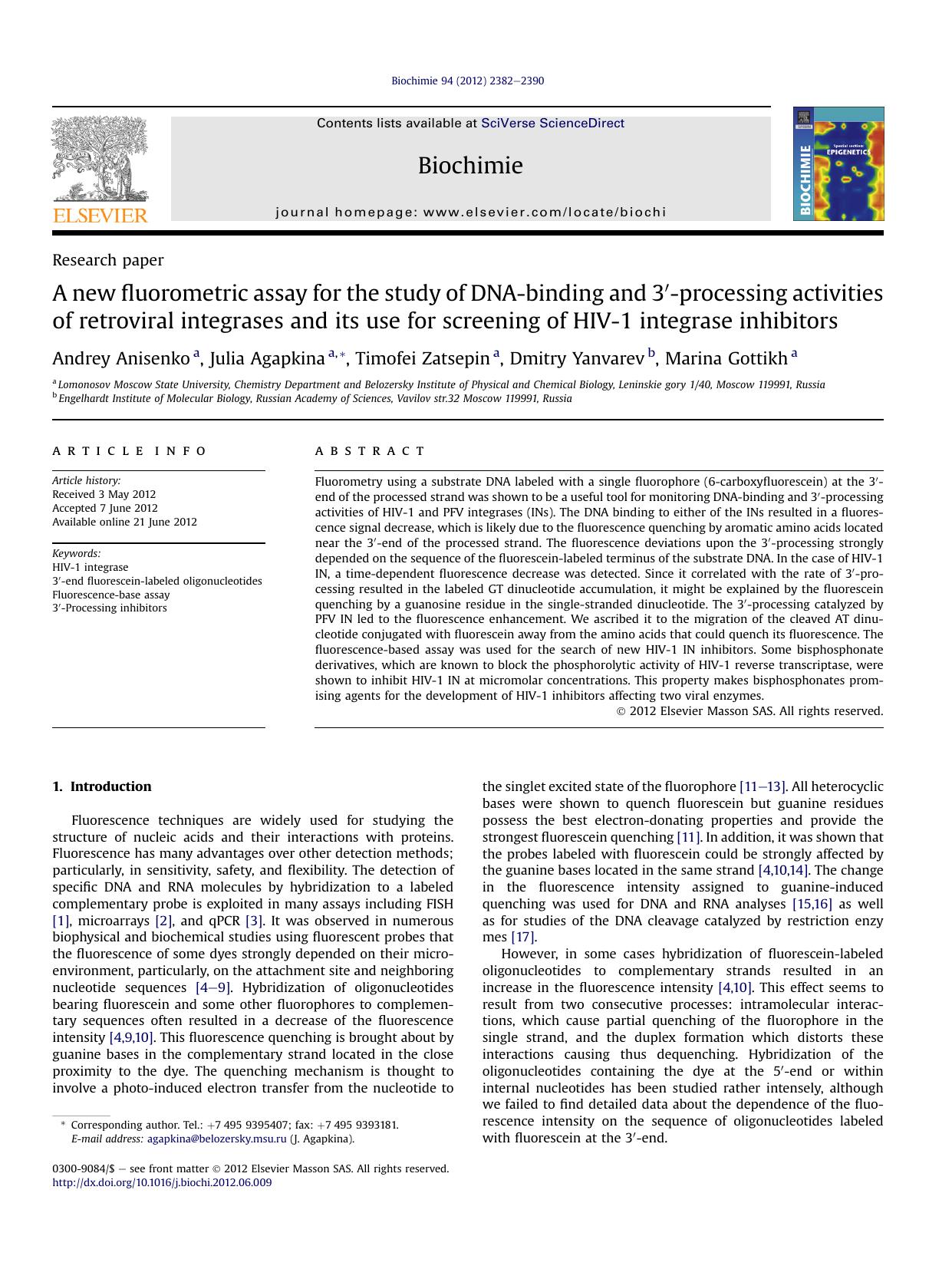 A new fluorometric assay for the study of DNA-binding and 3â²-processing activities of retroviral integrases and its use for screening of HIV-1 integrase inhibitors by Andrey Anisenko & Julia Agapkina & Timofei Zatsepin & Dmitry Yanvarev & Marina Gottikh