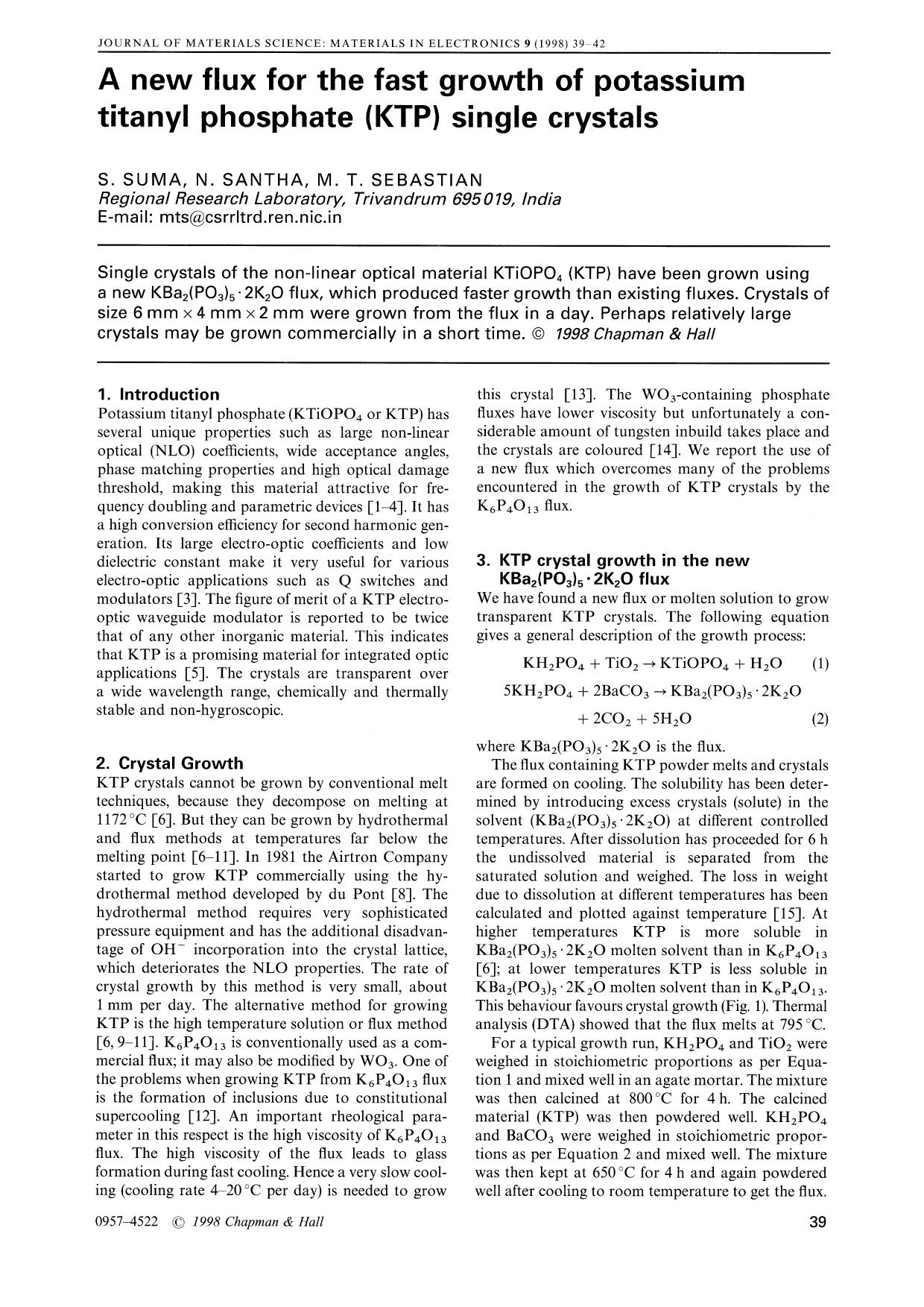 A new flux for the fast growth of potassium titanyl phosphate (KTP) single crystals by Unknown