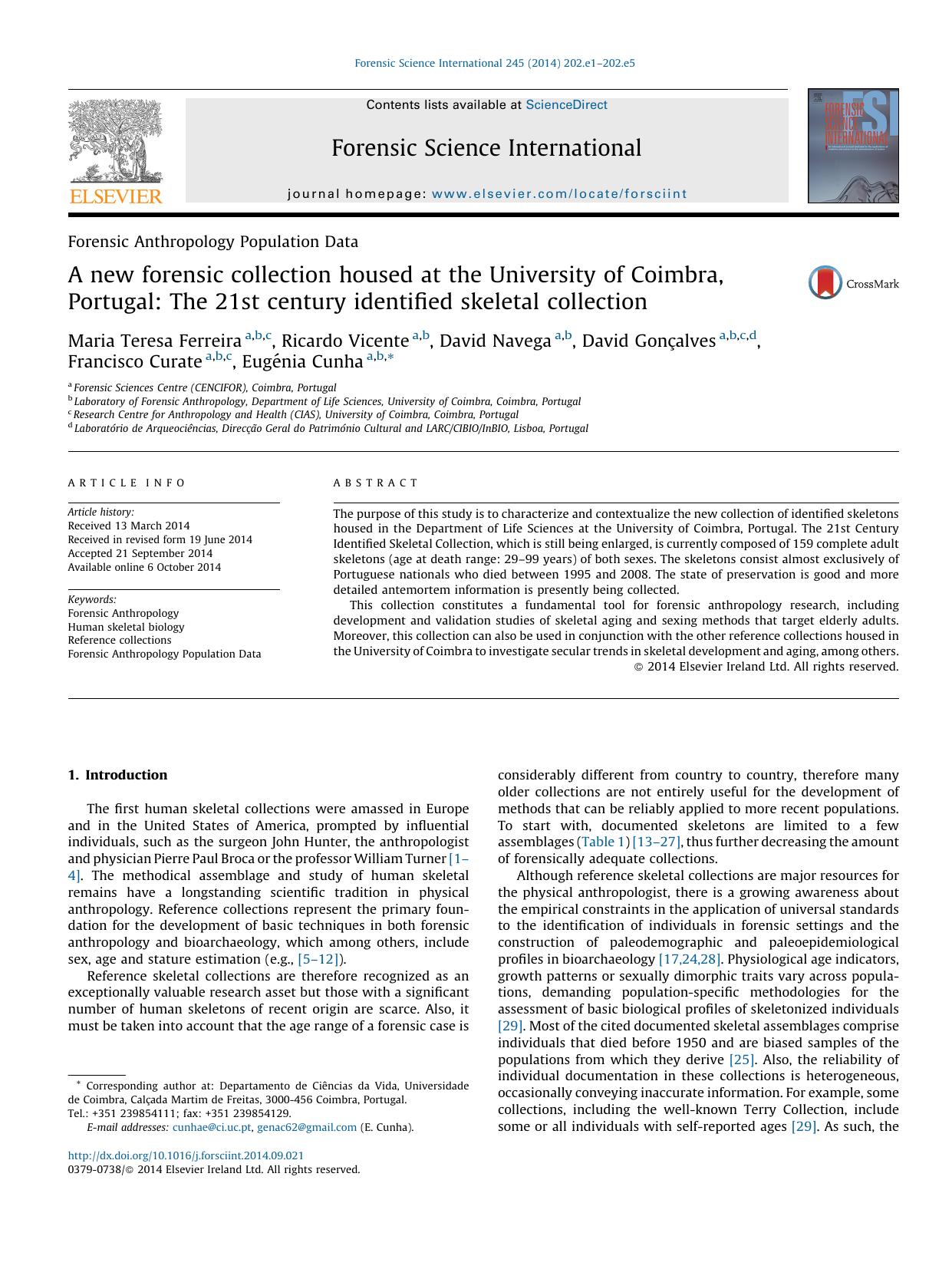 A new forensic collection housed at the University of Coimbra, Portugal: The 21st century identified skeletal collection by unknow