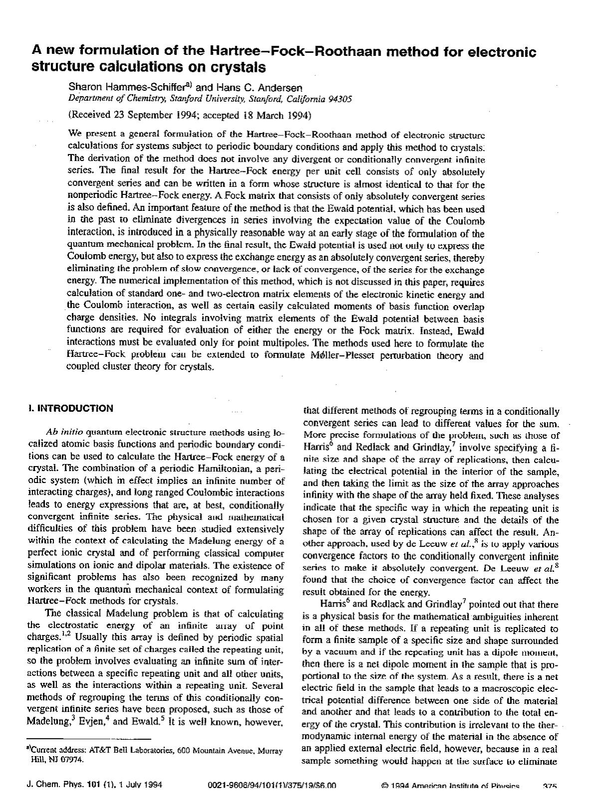 A new formulation of the Hartree--Fock--Roothaan method for electronic structure calculations on crystals by Sharon Hammes-Schiffer; Hans C. Andersen