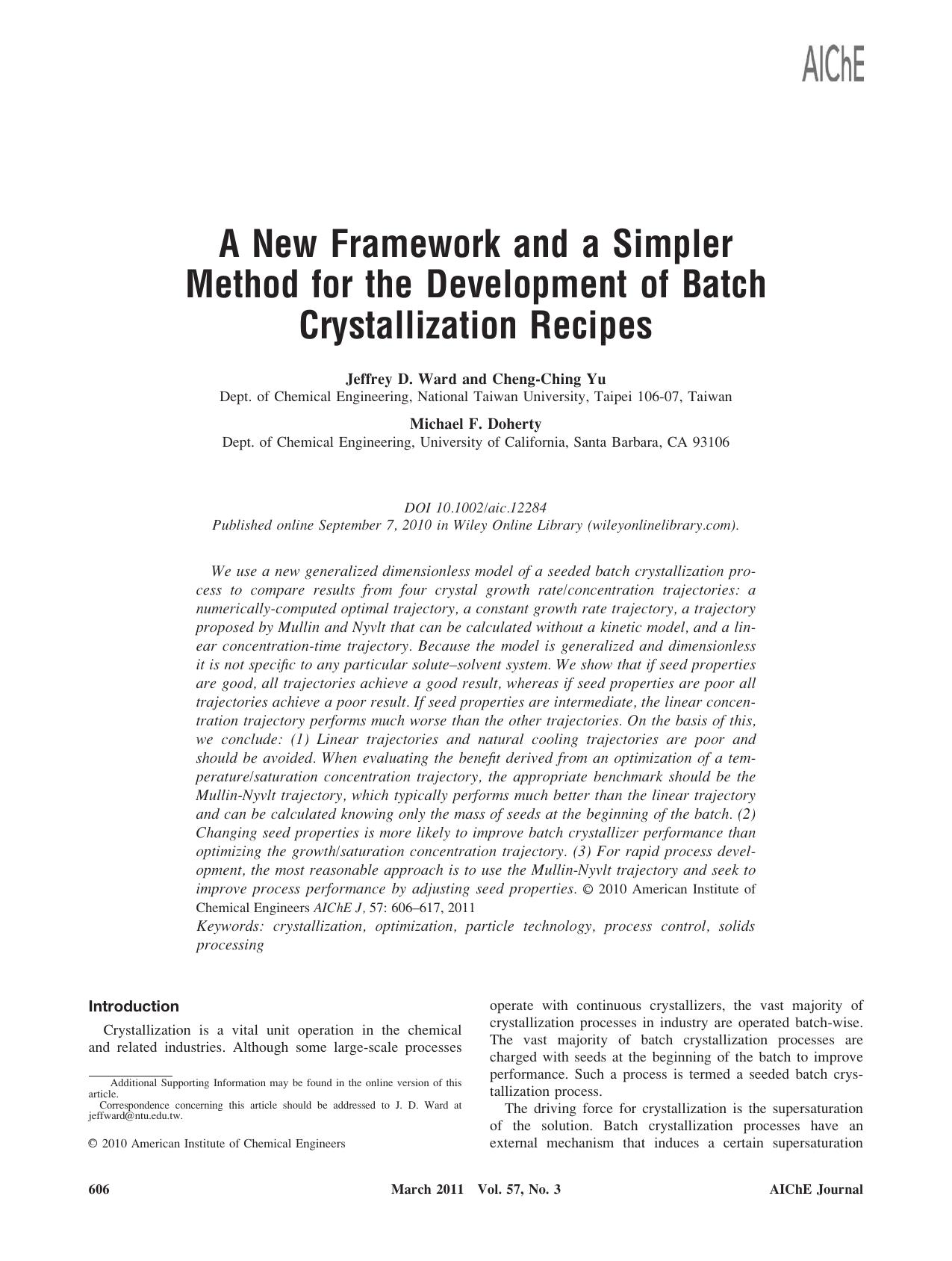 A new framework and a simpler method for the development of batch crystallization recipes by Unknown
