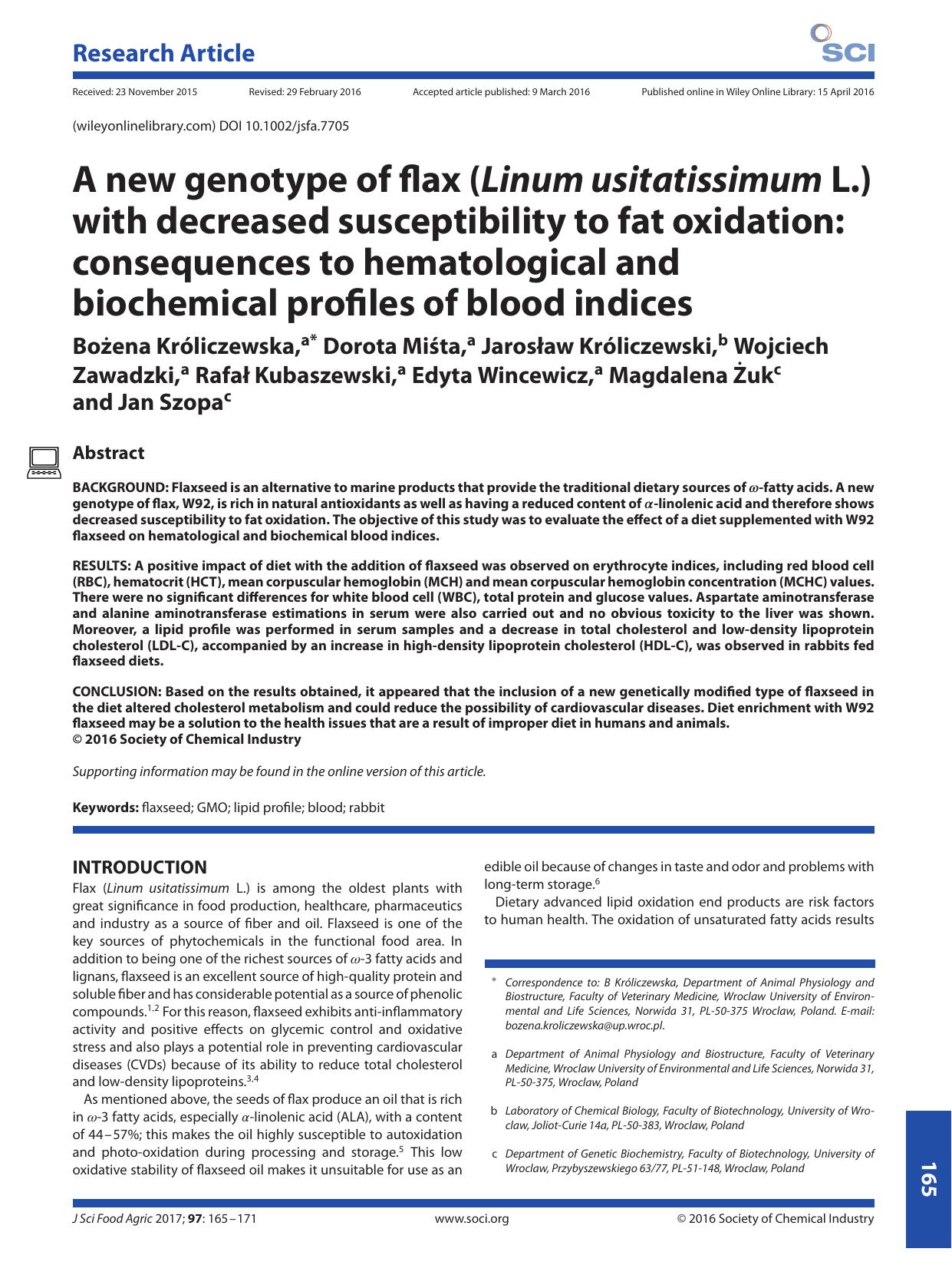 A new genotype of flax (Linum usitatissimum L.) with decreased susceptibility to fat oxidation: consequences to hematological and biochemical profiles of blood indices by Unknown