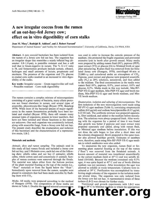 A new irregular coccus from the rumen of an oat-hay-fed jersey cow; effect on in vitro digestibility of corn stalks by Unknown