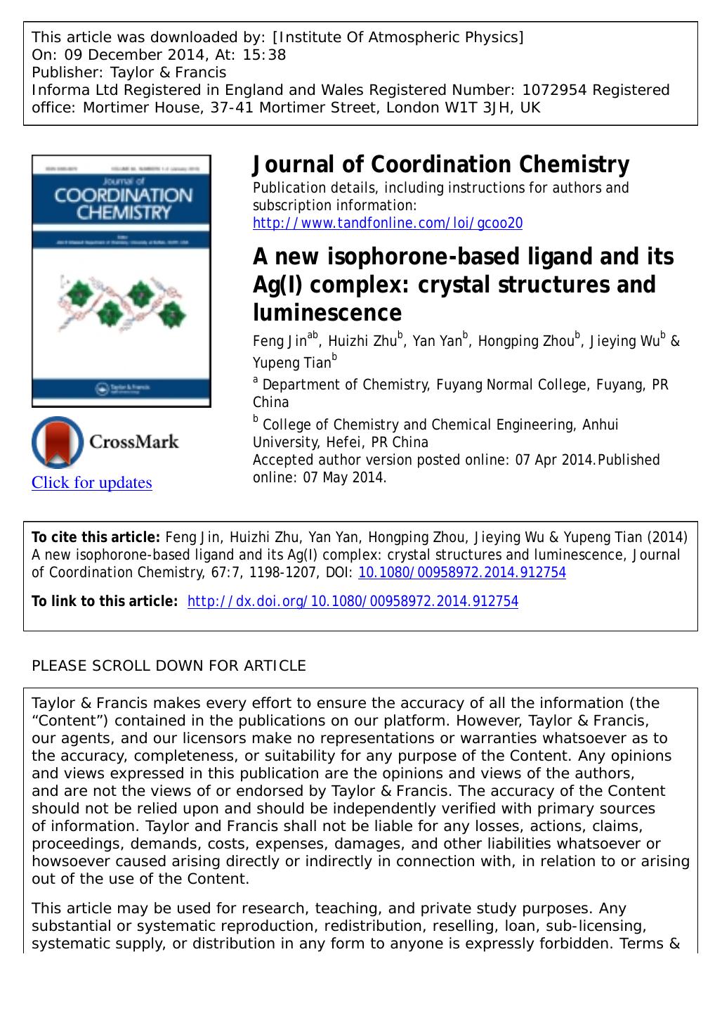 A new isophorone-based ligand and its Ag(I) complex: crystal structures and luminescence by Feng Jin