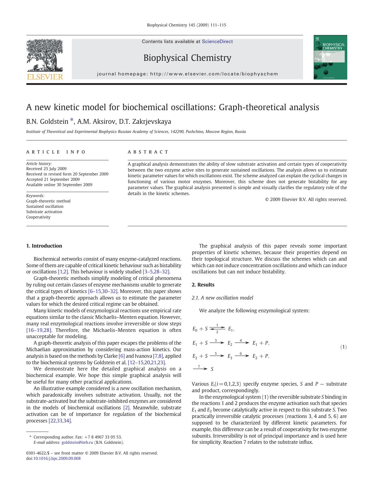 A new kinetic model for biochemical oscillations: Graph-theoretical analysis by B.N. Goldstein; A.M. Aksirov; D.T. Zakrjevskaya