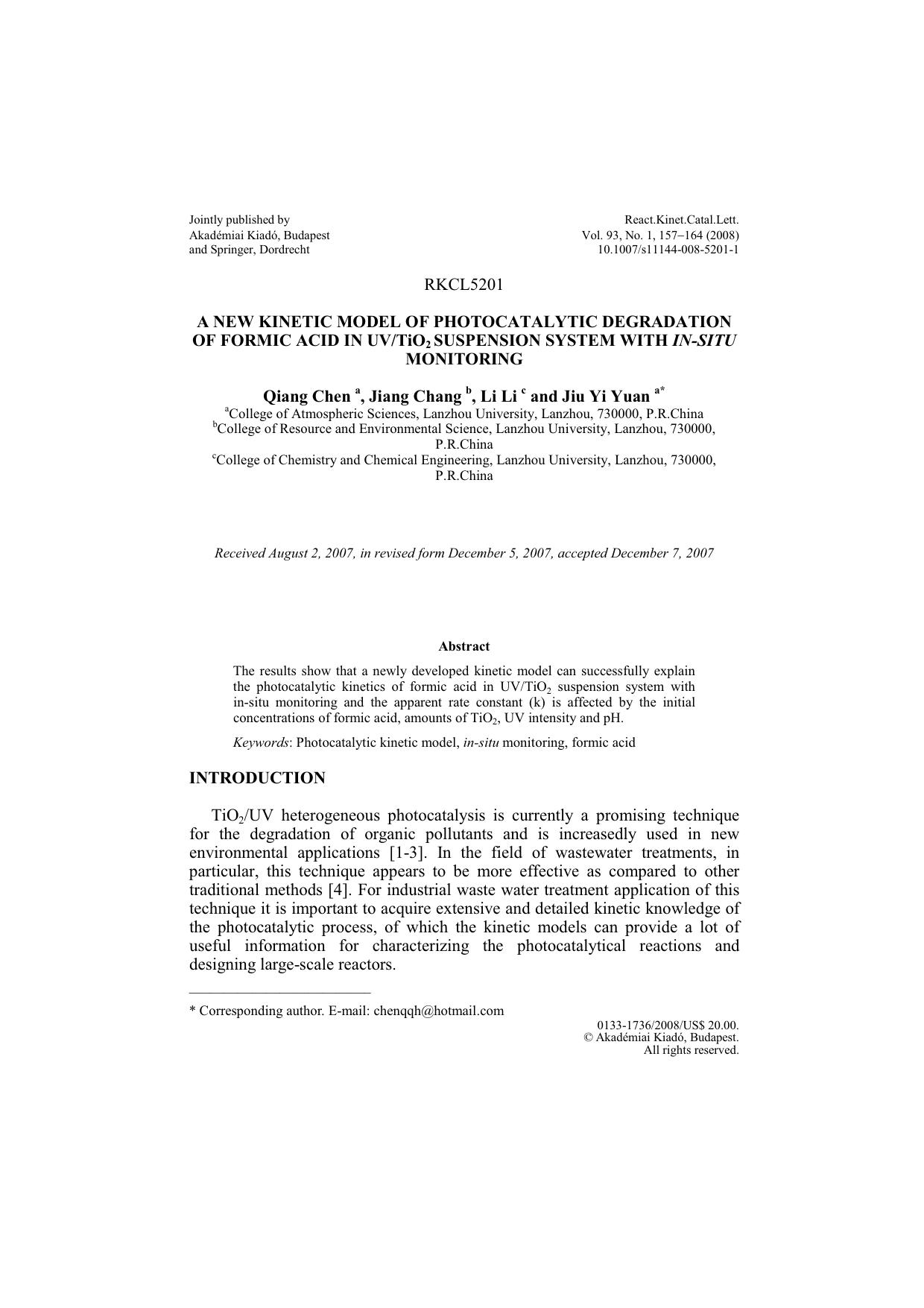 A new kinetic model of photocatalytic degradation of formic acid in UVTiO<Subscript>2<Subscript> suspension system with <Emphasis Type="Italic">in-situ<Emphasis> monitoring by Unknown