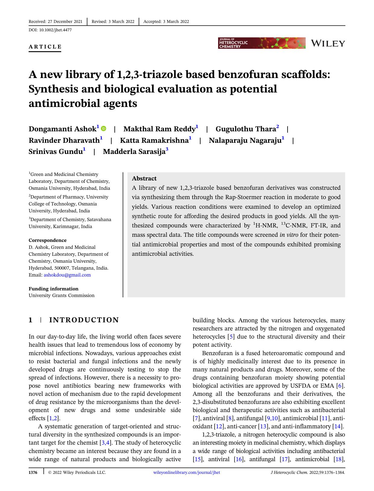 A new library of 1,2,3-triazole based Benzofuran scaffolds: Synthesis and Biological Evaluation as Potential Antimicrobial Agents by Unknown