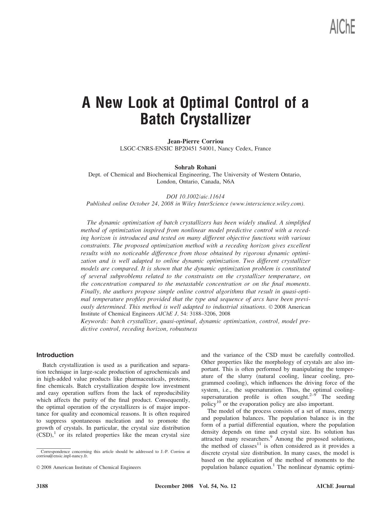 A new look at optimal control of a batch crystallizer by Unknown