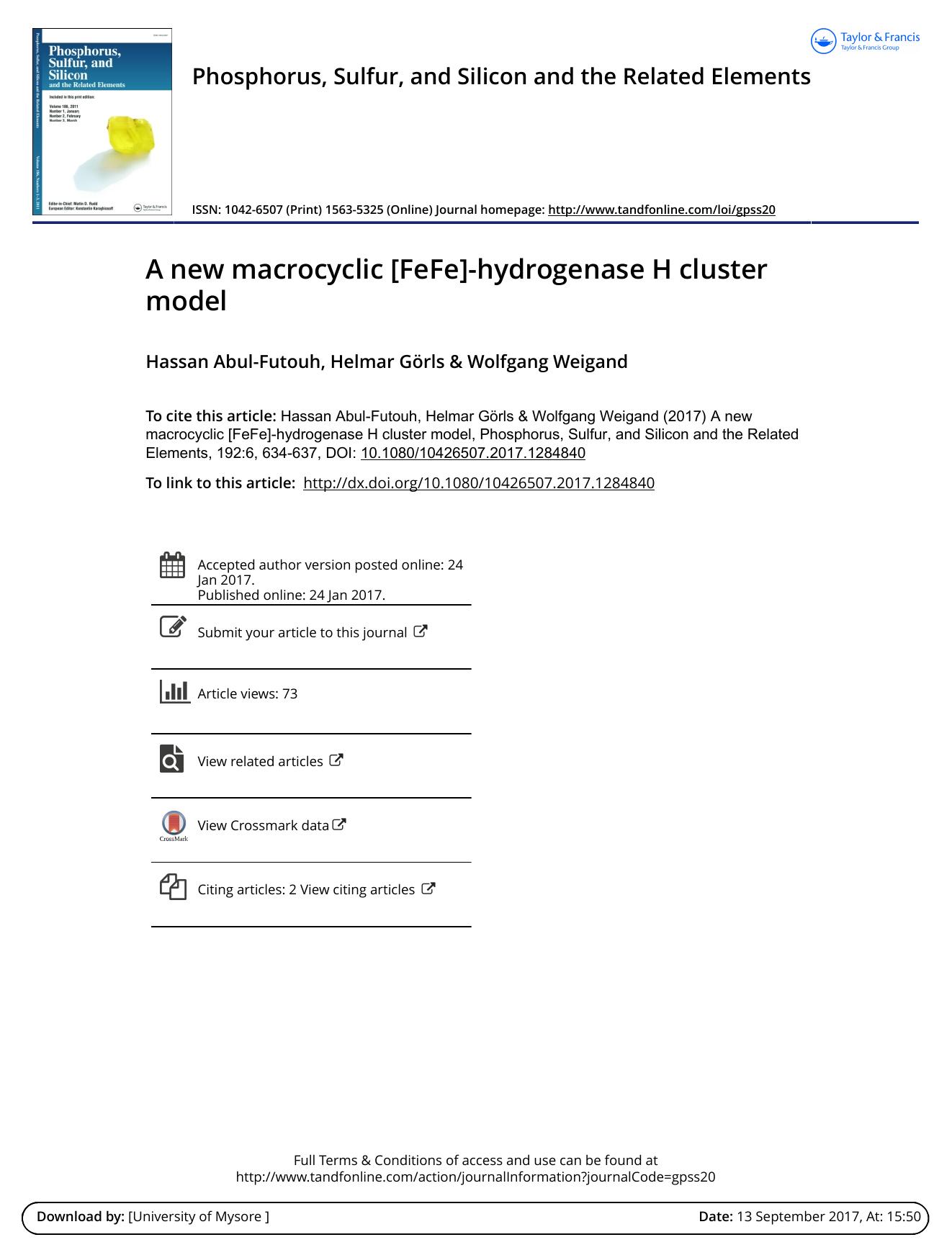 A new macrocyclic [FeFe]-hydrogenase H cluster model by Hassan Abul-Futouh & Helmar Gorls & Wolfgang Weigand