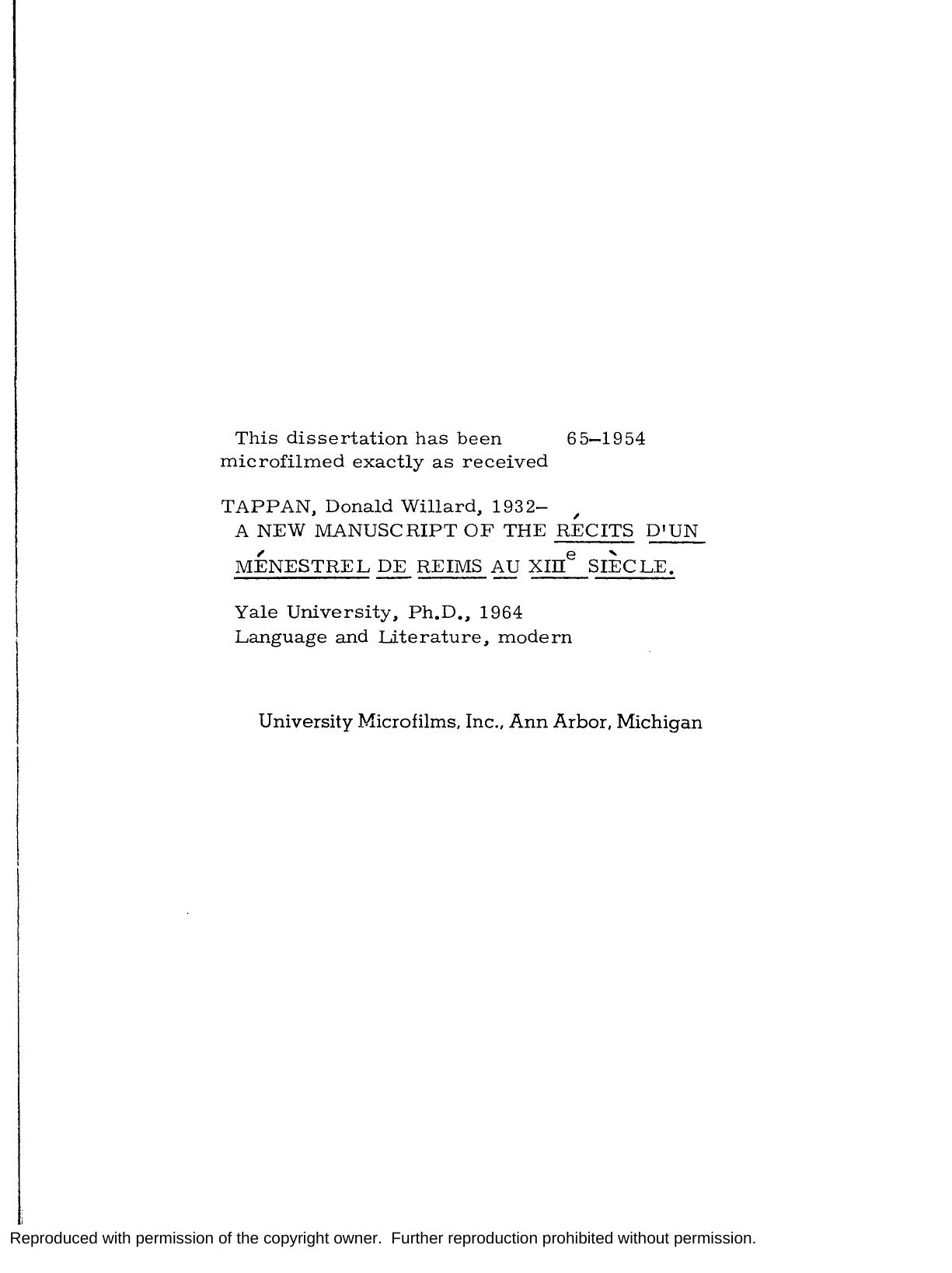 A new manuscript of the ReÌcits dâun meÌnestrel de Reims au XIIIe sieÌcle by Tappan Donald W