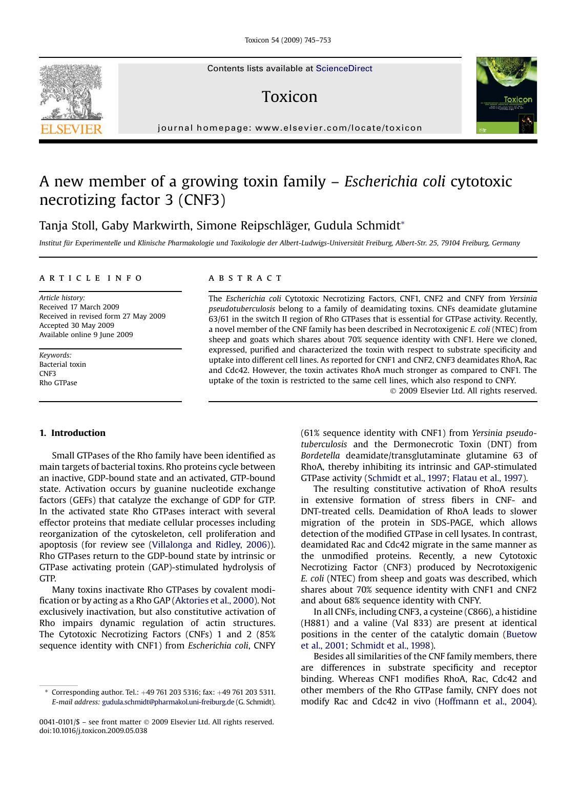 A new member of a growing toxin family - Escherichia coli cytotoxic necrotizing factor 3 (CNF3) by Tanja Stoll; Gaby Markwirth; Simone ReipschlAger; Gudula Schmidt