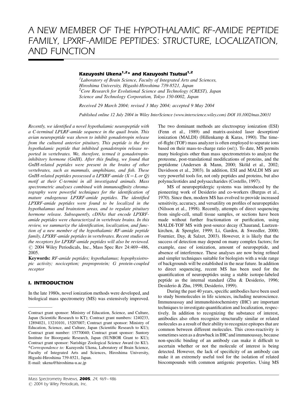 A new member of the hypothalamic RF-amide peptide family, LPXRF-amide peptides: Structure, localization, and function by Unknown