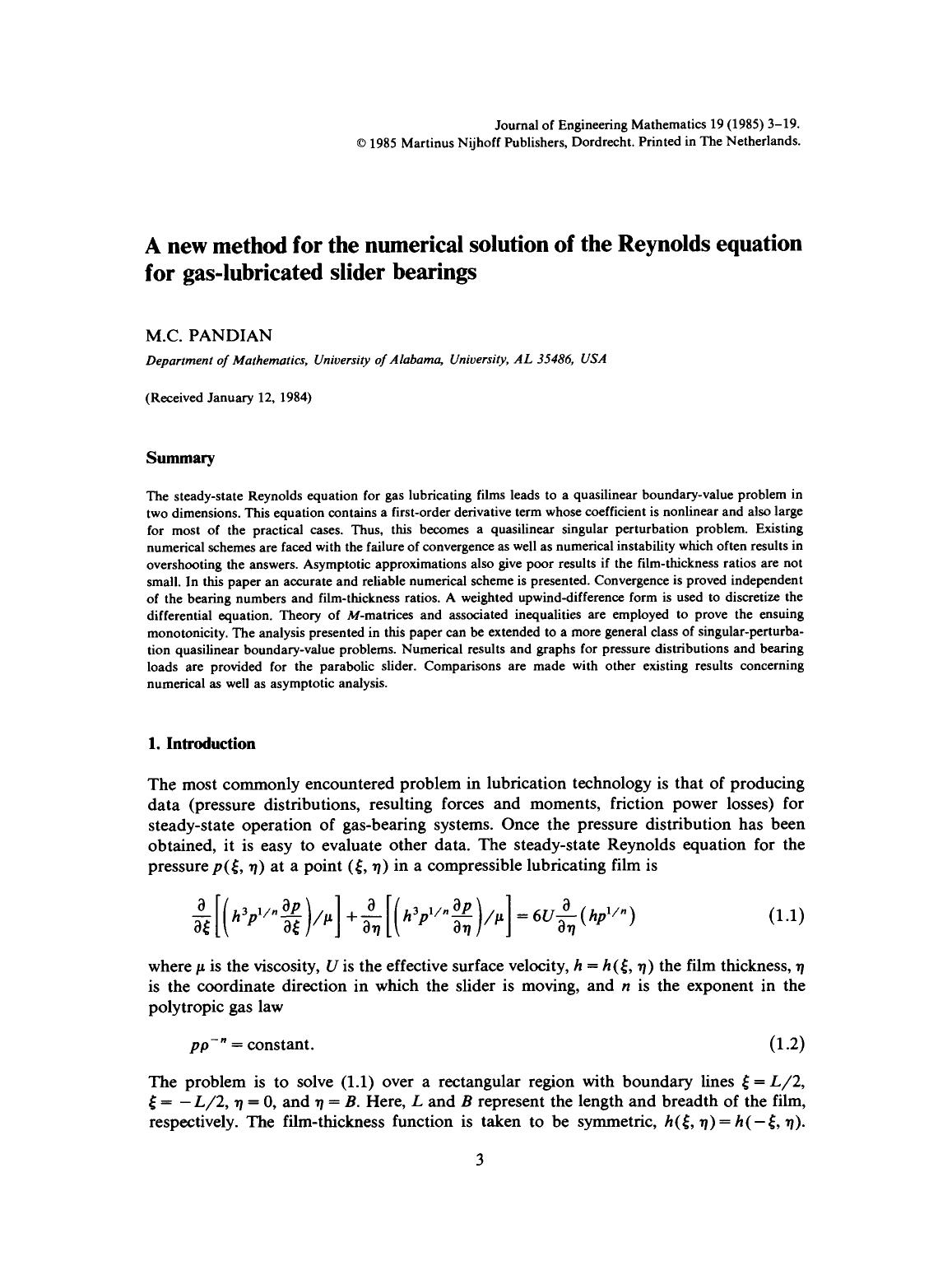 A new method for the numerical solution of the Reynolds equation for gas-lubricated slider bearings by Unknown