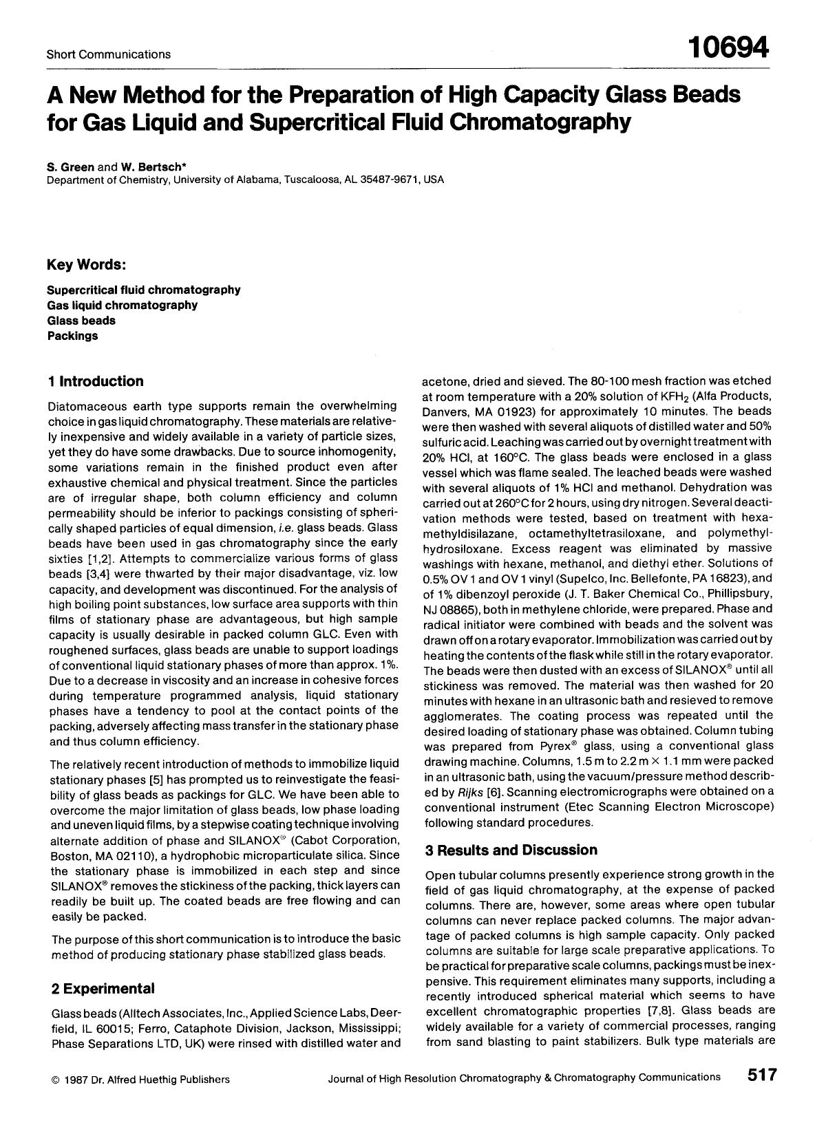 A new method for the preparation of high capacity glass beads for gas liquid and supercritical fluid chromatography by Unknown
